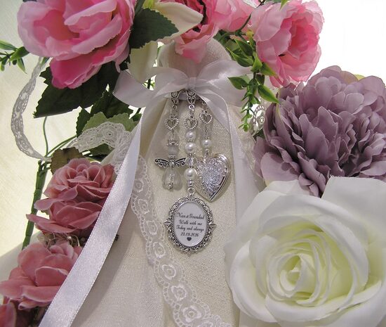 Walk with me today angel remembrance locket bouquet charm wedding date with 2 names  
