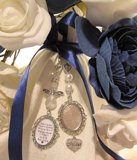 Wedding Day with Grandad bridal bouquet angel memory charm oval photo frame dated verse named heart