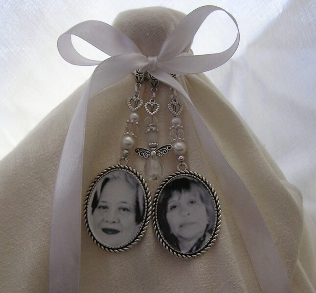 Bespoke twin photo wedding bouquet charm for Michaela