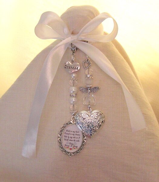 Treasured Grandad bridal bouquet angel memory charm 2 photo locket wedding day poem named rhinestone heart