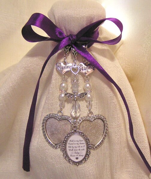 Nanny Double heart photo frame memory bouquet charm for both Nannies memorial poem wedding day keepsake